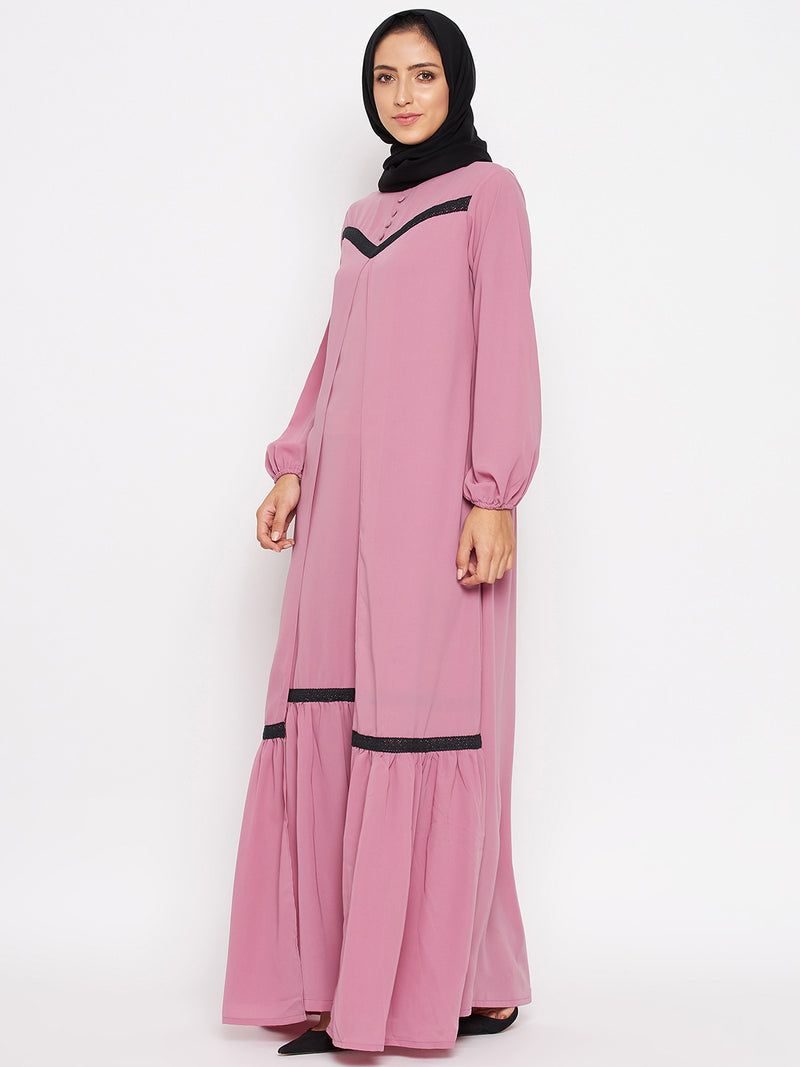 Nabia Women Puce Pink Solid Lace Maxi Abaya Dress With Georgette Scarf