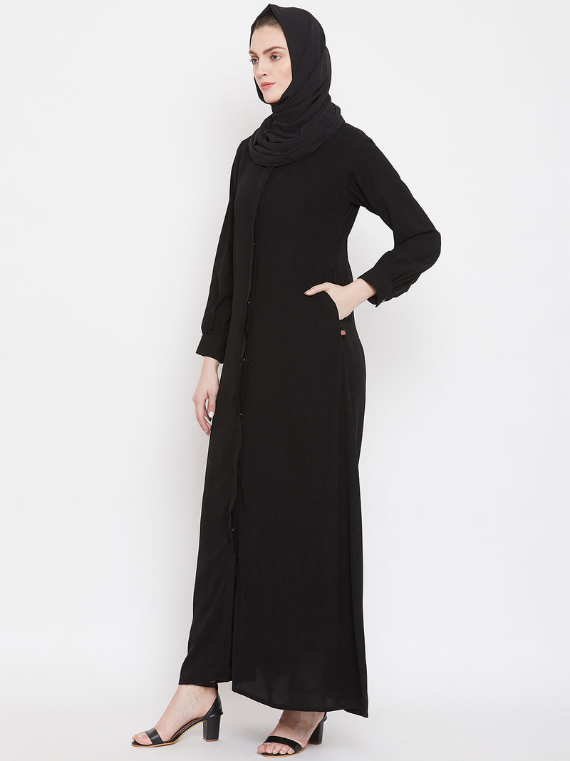 Nabia Women Black Solid Front Open Abaya With Georgette Scarf
