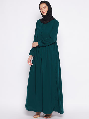 Nabia Bottle Green Solid Nida Matte Fabric Abaya For Women With Georgette Scarf