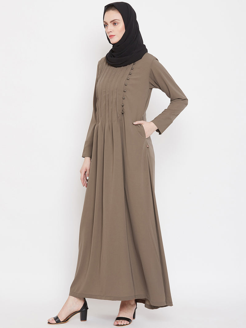 Nabia Women Oat Solid Side Plate Abaya Dress With Georgette Scarf