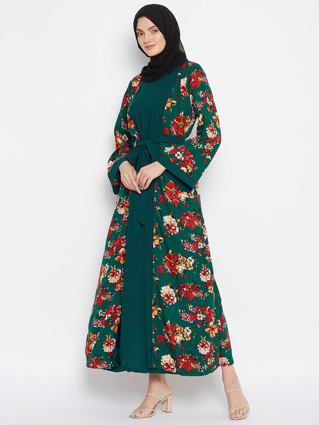 Nabia Women Bottle Green Floral Printed Shrug Attached Casual Abaya With Georgette Scarf
