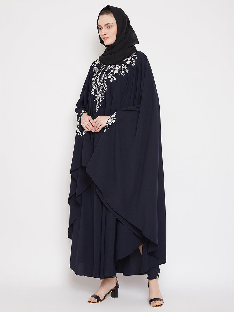 Nabia Women Blue Irani Kaftan Abaya Enhanced With Chikan Hand Embroidered With Georgette Scarf