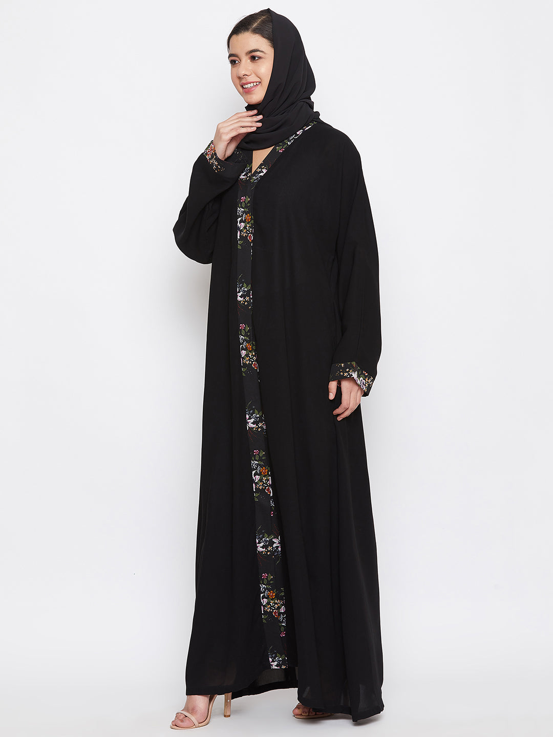Nabia Women Black Dubai Style Front Open Nida Matte Fabric Abaya with Georgette Scarf