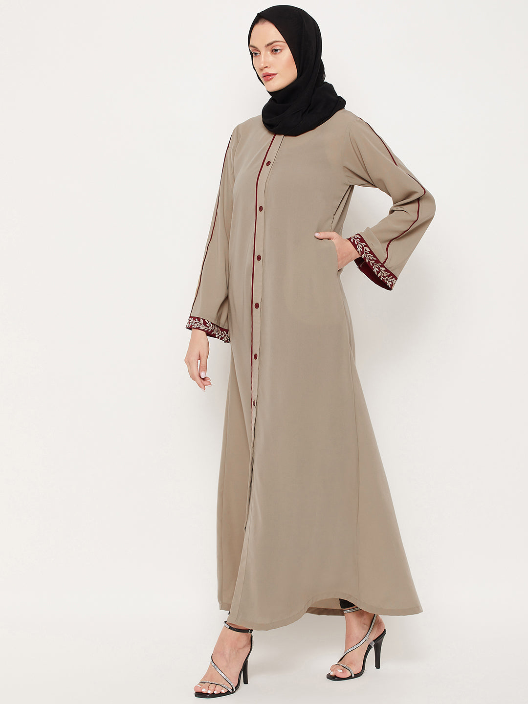 Nabia Beige Front Open Embroidery Work Women Abaya with Georgette Scarf