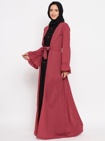 Nabia Women Rust & Black Solid Two Color Combination Bell Sleeves Abaya With Georgette Scarf