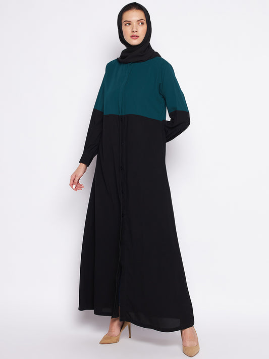 Nabia Green & Black Front Open Abaya for Women with Georgette Scarf