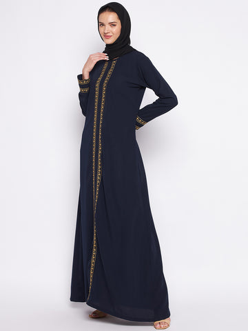 Nabia Blue Solid Nida Matte Fabric Abaya For Women With Georgette Scarf