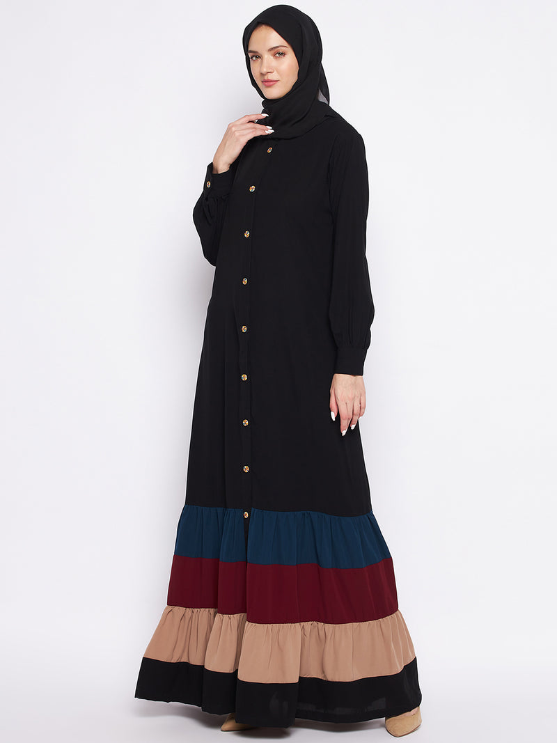 Nabia Multi-Colored Nida Matte Fabric Front Open Abaya For Women With Georgette Scarf