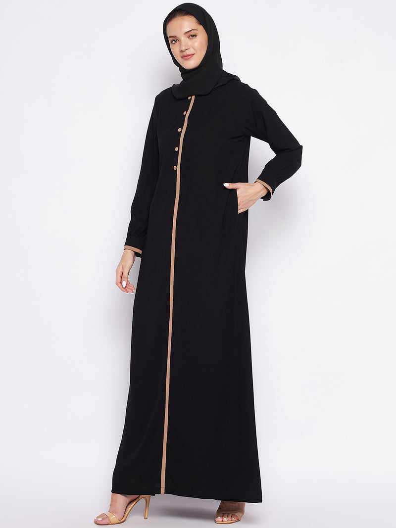 Nabia Black Solid Nida Matte Fabric Abaya For Women With Georgette Scarf