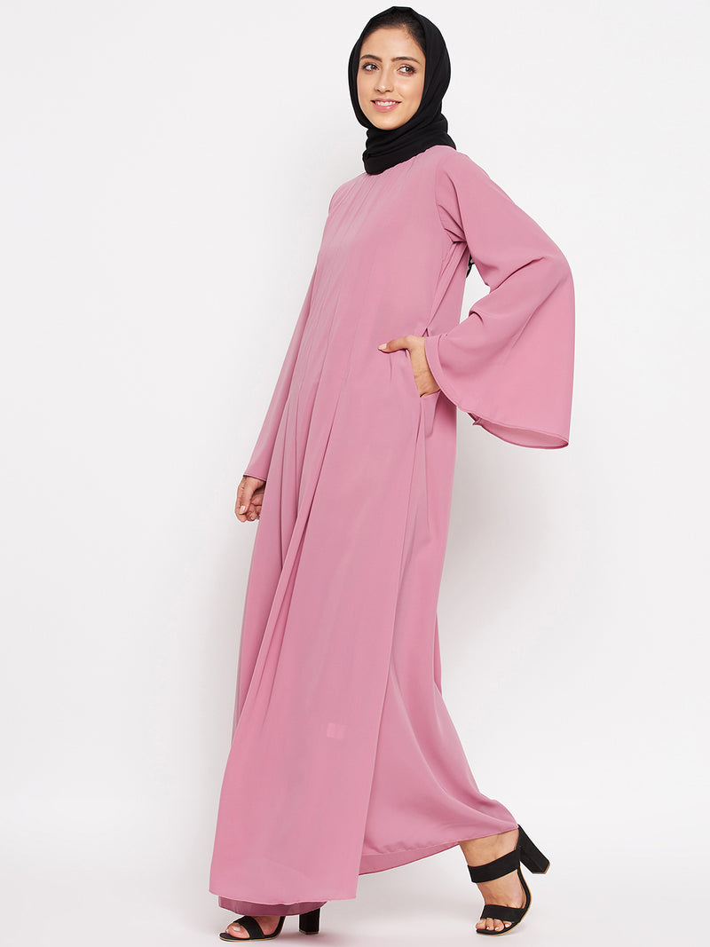 Nabia Women Fuse Pink Nida Matte Bell Long Sleeves Abaya With Georgette Scarf