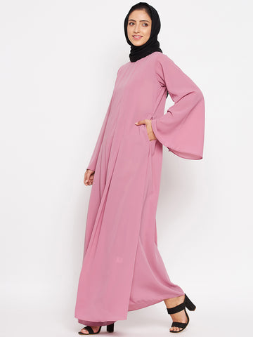 Nabia Women Fuse Pink Nida Matte Bell Long Sleeves Abaya With Georgette Scarf