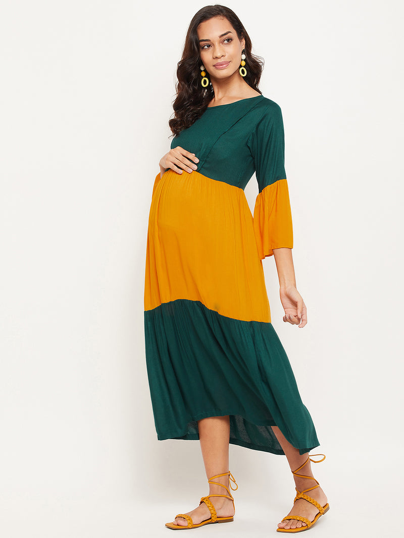 Green & Yellow Solid Maternity Dress for Women