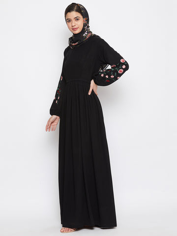Nabia Women Black Chikan Hand Embroidery Design  Abaya With Georgette Scarf
