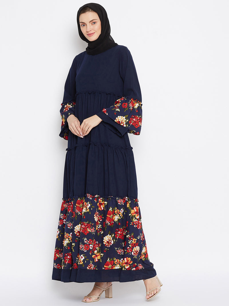 Nabia Women Blue Solid & Floral Printed Nida Matte Frill Abaya With Georgette Scarf