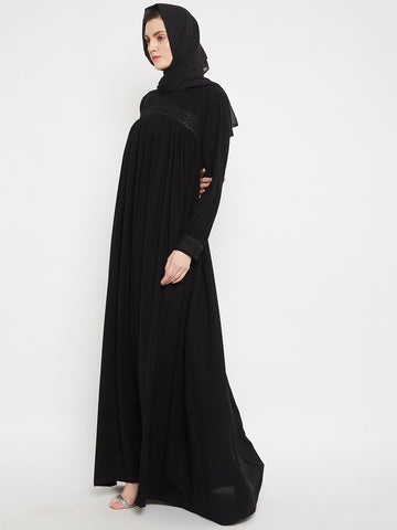 Nabia Women Black Solid Lace Maxi Abaya Dress With Georgette Scarf