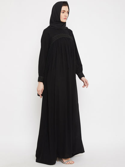 Nabia Women Black Solid Lace Maxi Abaya Dress With Georgette Scarf