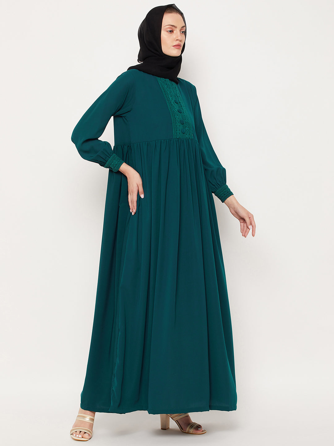 Nabia Green Lace work Women Abaya with Georgette Scarf