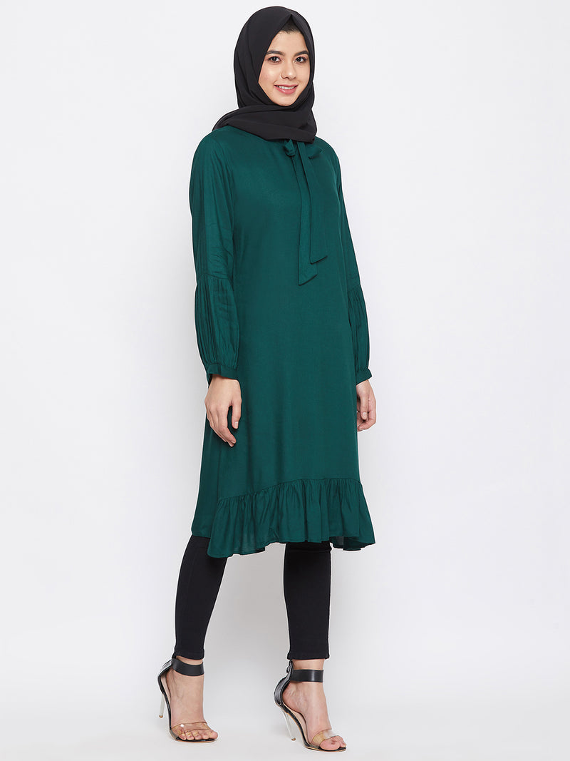 Nabia Women Bottle Green Tie-up neck Rayon Fabric Tunic Abaya with Georgette Scarf