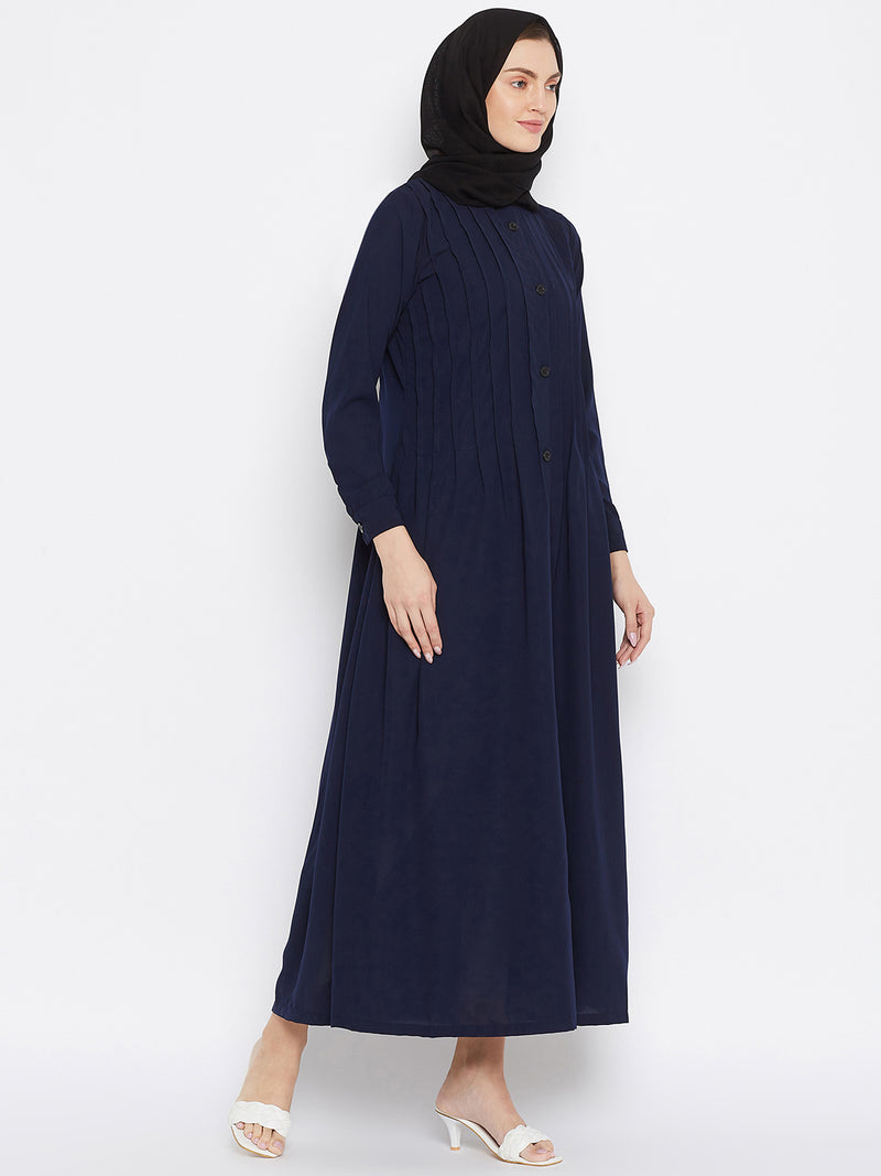 Nabia Women Blue Solid  Nida Matte Front Open Plat Design Abaya With Georgette Scarf