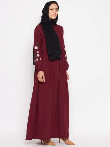 Nabia Women Maroon Chikan Hand Embroidery Design  Abaya With Georgette Scarf