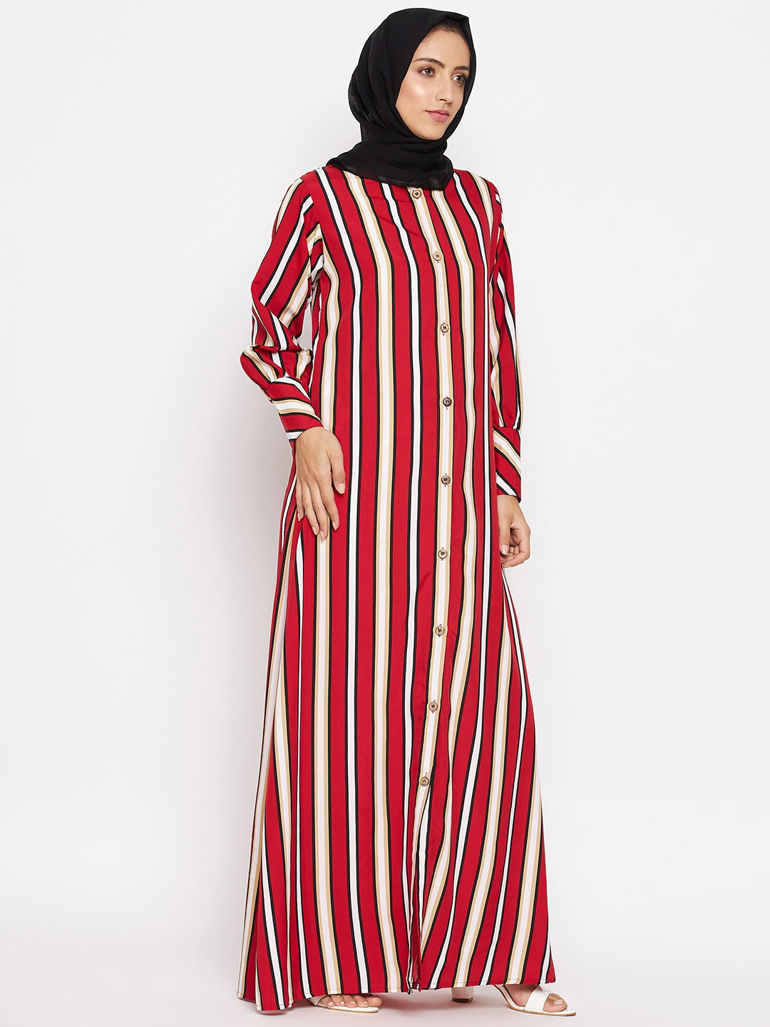 Nabia  Women Red Front Open Striped Abaya With Georgette Scarf