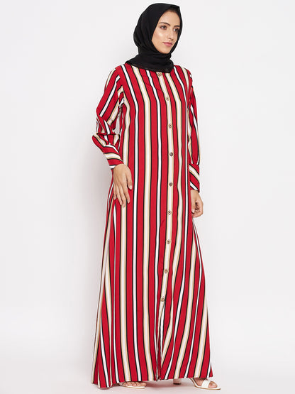Nabia  Women Red Front Open Striped Abaya With Georgette Scarf
