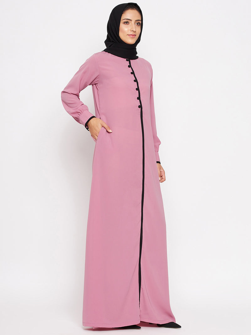 Nabia Women Fuse Pink Solid Piping Design Abaya Burqa With Georgette Scarf
