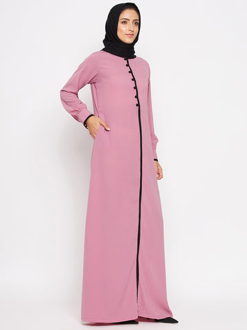 Nabia Women Fuse Pink Solid Piping Design Abaya Burqa With Georgette Scarf