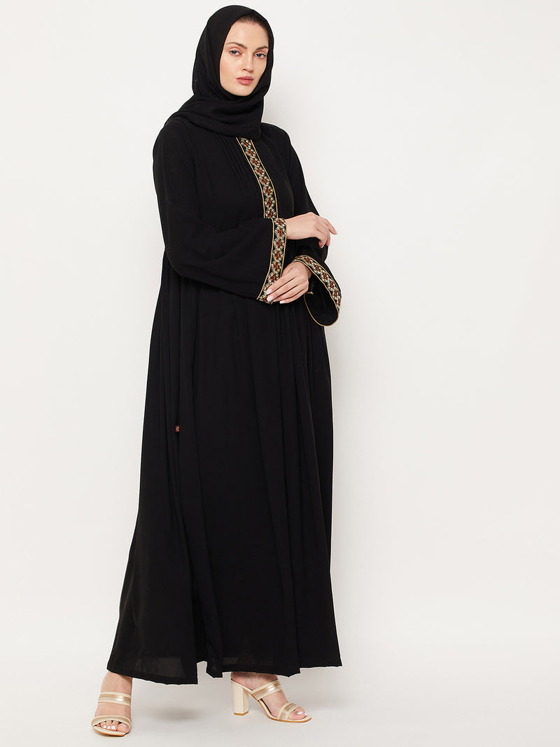 Nabia Black Nida Matte Fabric Embroidery Design Women Abaya With Georgette Scarf