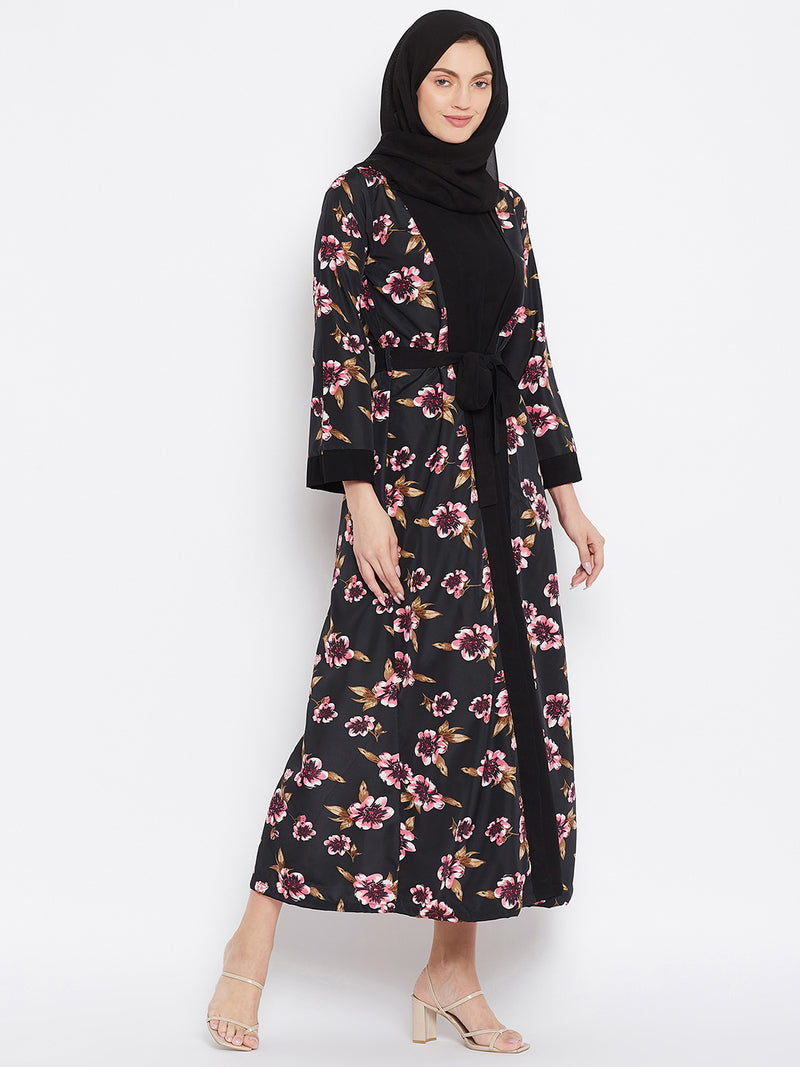 Nabia Women Black Floral Printed Shrug Attached Casual Abaya With Georgette Scarf