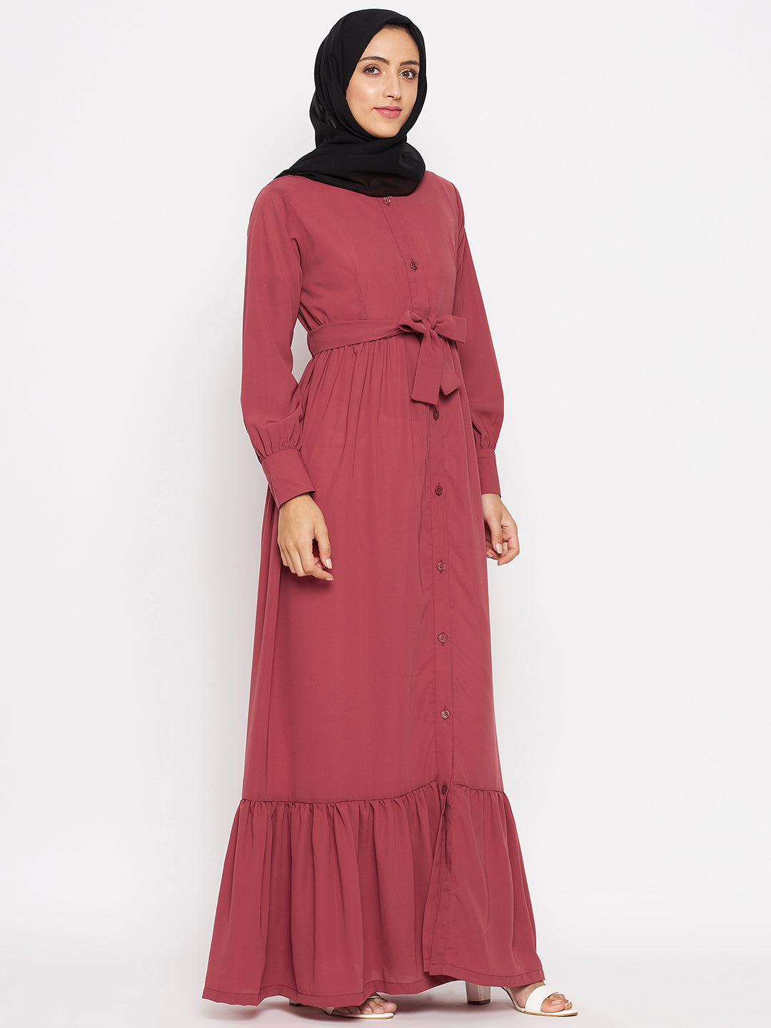 Nabia  Women Rust Front Open Nida Matte Abaya With Georgette Scarf