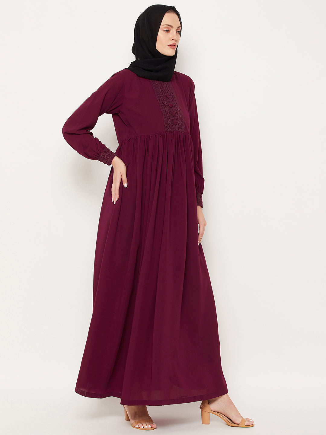 Nabia Maroon Lace Work Women Abaya with Georgette Scarf