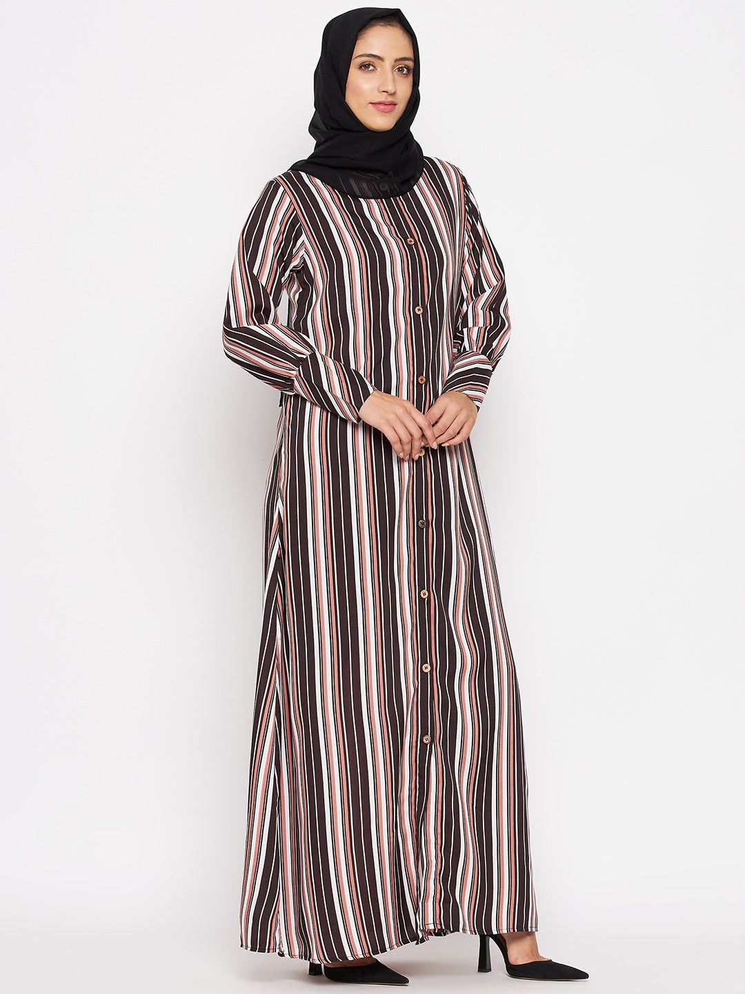 Nabia Brown Front Open Striped Abaya with Georgette Scarf