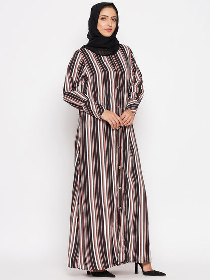 Nabia Brown Front Open Striped Abaya with Georgette Scarf