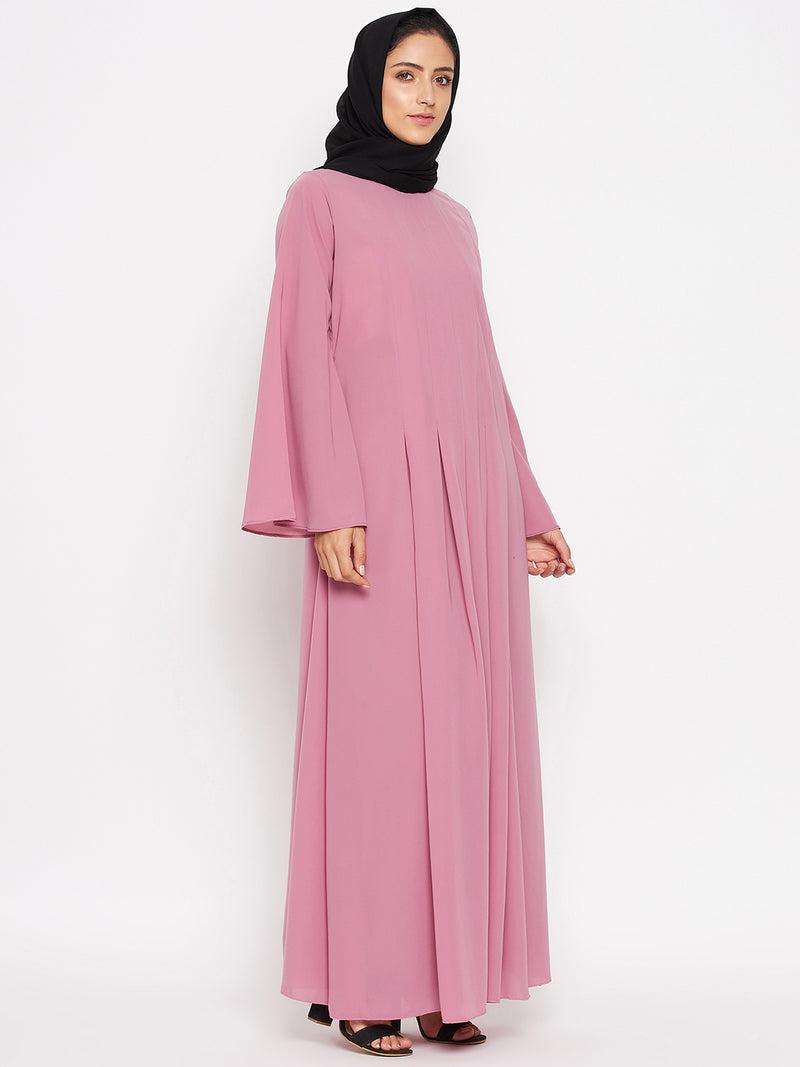 Nabia Women Fuse Pink Nida Matte Bell Long Sleeves Abaya With Georgette Scarf