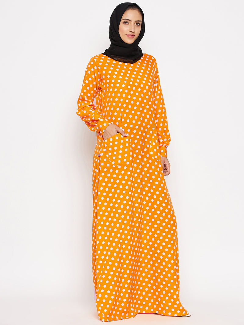 Nabia Women Yellow Polka Crepe Abaya Dress With Georgette Scarf