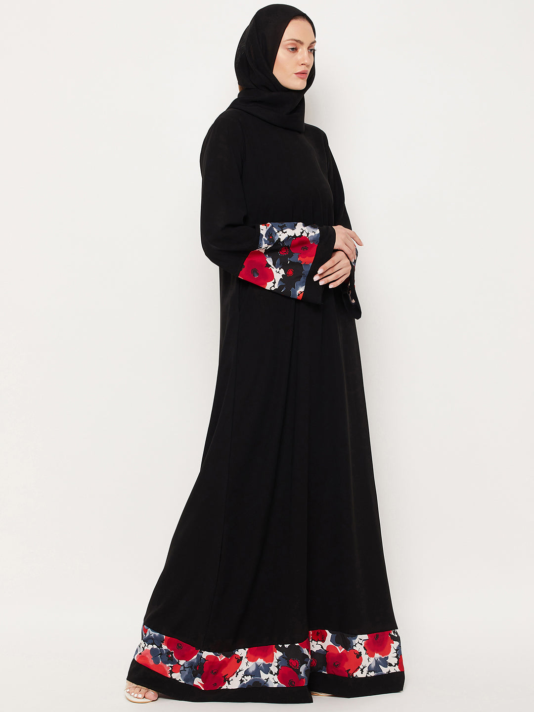 Nabia Black & Red Design Nida Matte Fabric Abaya With Georgette Scarf