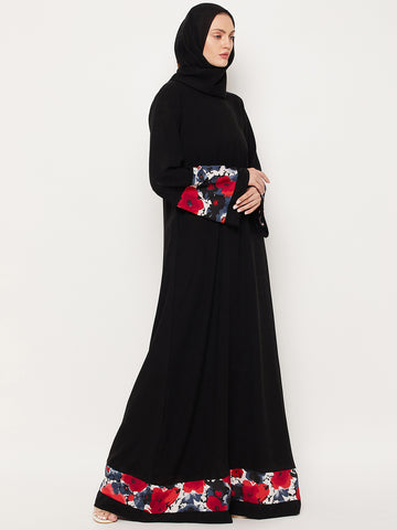 Nabia Black & Red Design Nida Matte Fabric Abaya With Georgette Scarf