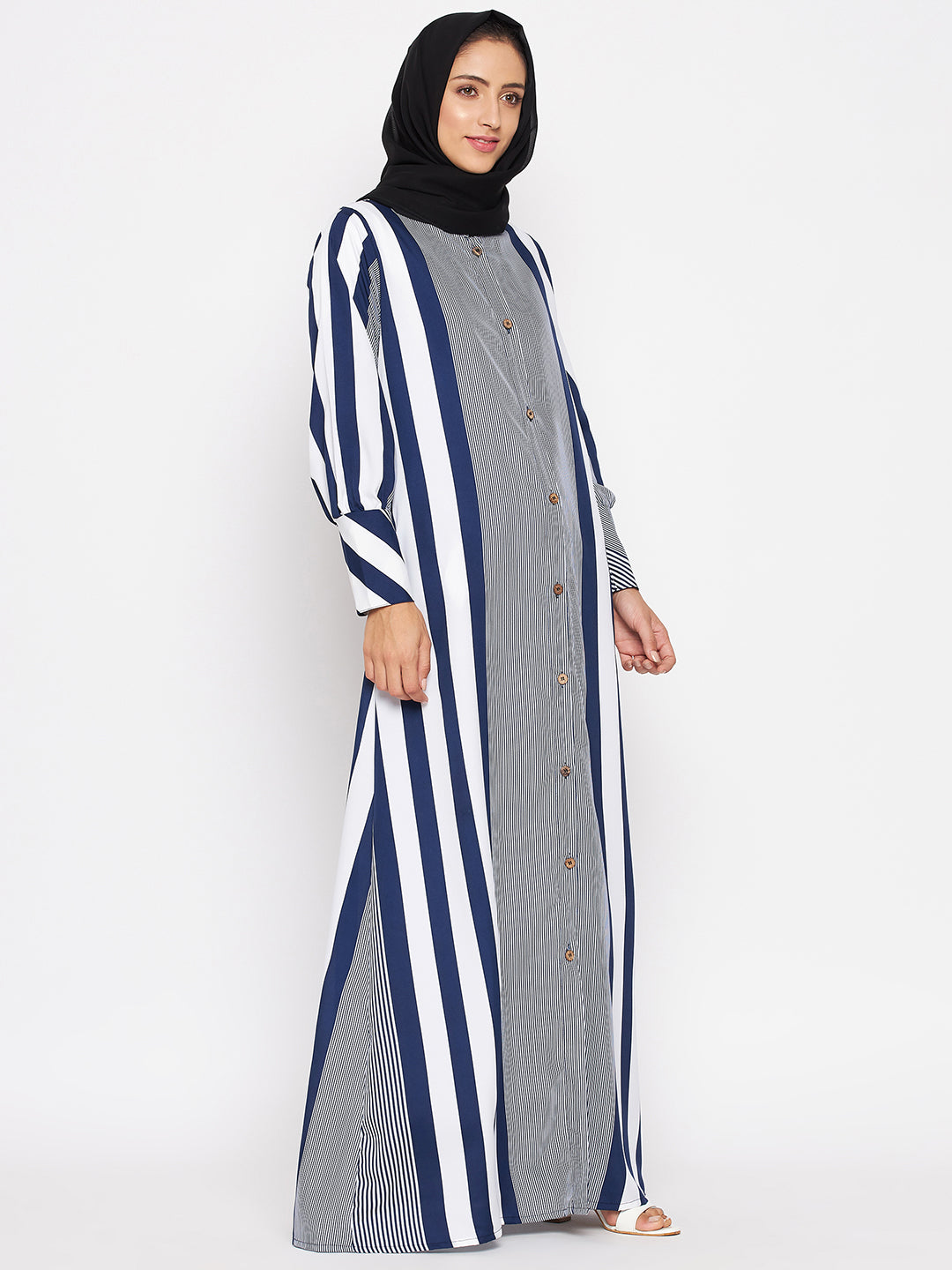 Nabia Blue Front Open Striped Abaya with Georgette Scarf for Women