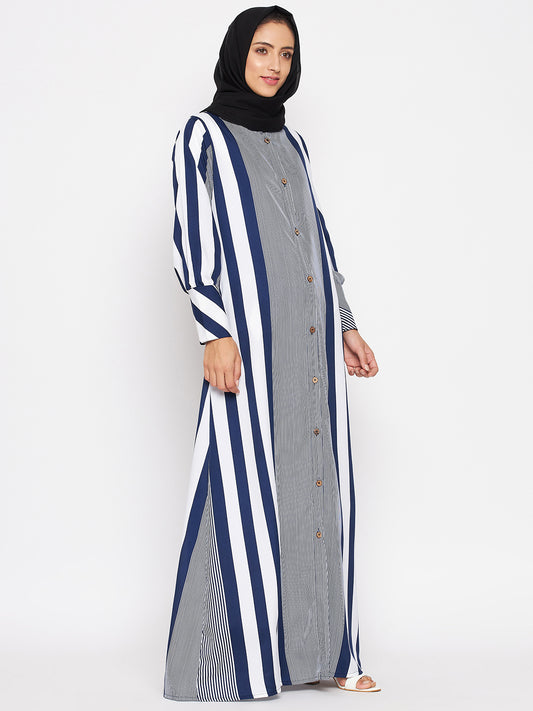 Nabia Women Blue Front Open Striped Abaya With Georgette Scarf
