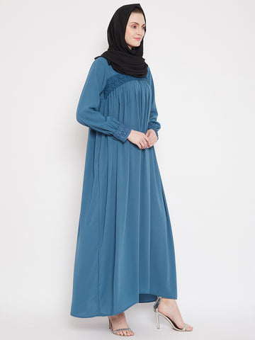 Nabia  Women Sky Blue Solid Lace Maxi Abaya Dress With Georgette Scarf