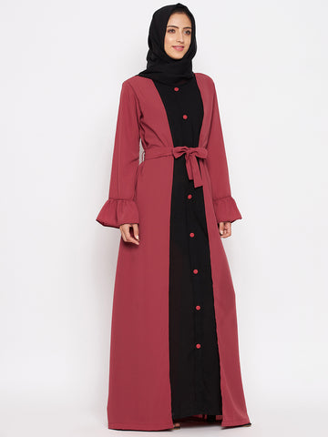 Nabia Women Rust & Black Solid Two Color Combination Bell Sleeves Abaya With Georgette Scarf