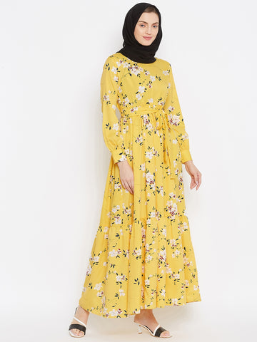 Nabia Women Yellow Floral Printed Crepe Two Frill Abaya Dress With Georgette Scarf