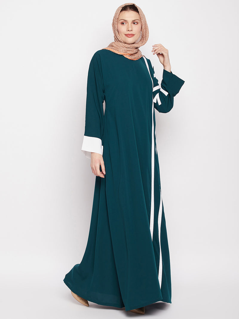 Nabia Women Bottle Green & White Solid A-line Nida Matte Fabric Abaya Burqa With Black Georgette Scarf