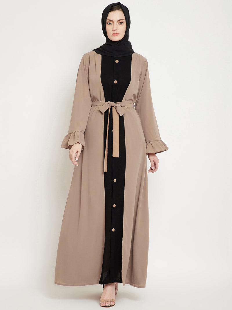 Nabia Women Baige & Black Solid Two Color Combination Bell Sleeves Abaya With Georgette Scarf