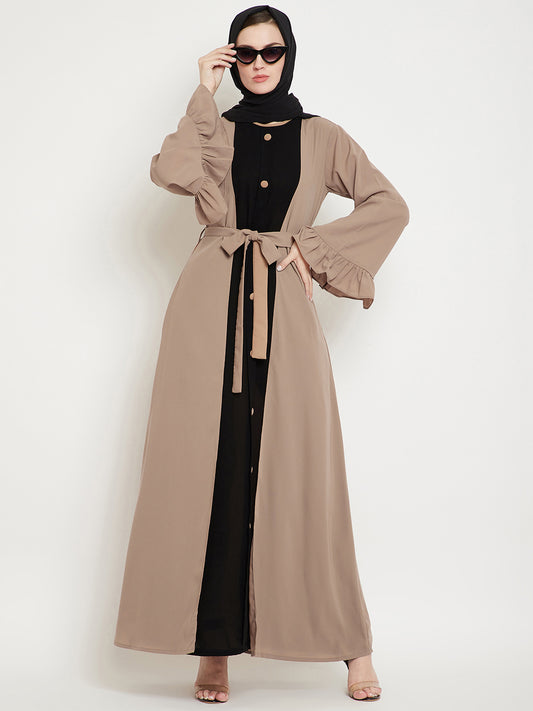 Nabia Women Baige & Black Solid Two Color Combination Bell Sleeves Abaya With Georgette Scarf