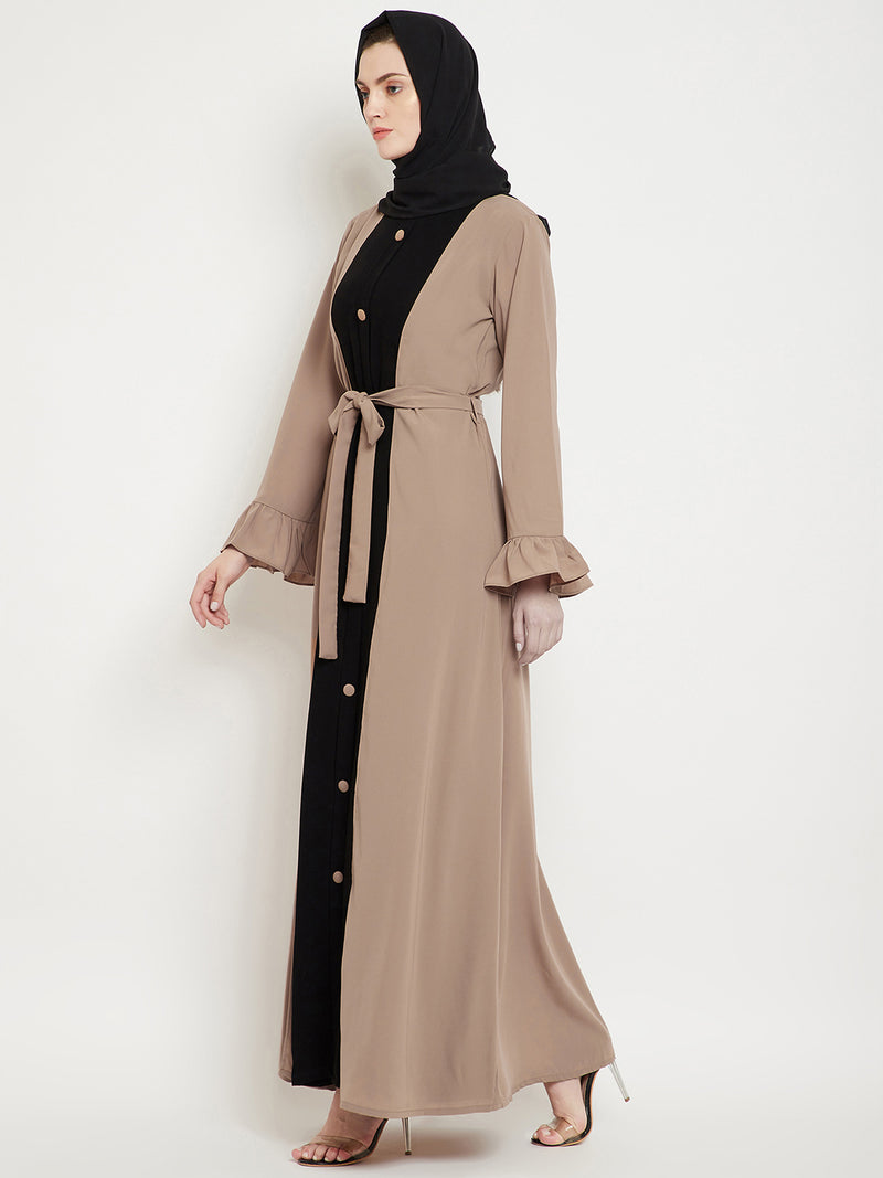 Nabia Women Baige & Black Solid Two Color Combination Bell Sleeves Abaya With Georgette Scarf