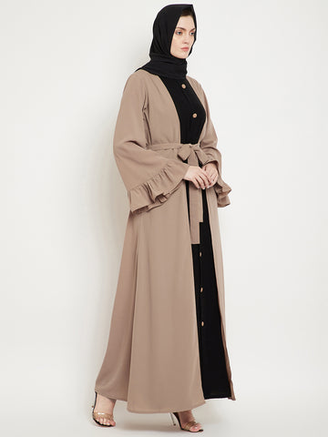 Nabia Women Baige & Black Solid Two Color Combination Bell Sleeves Abaya With Georgette Scarf