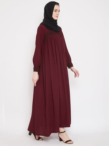Nabia Women Maroon Solid Lace Maxi Abaya Dress With Georgette Scarf