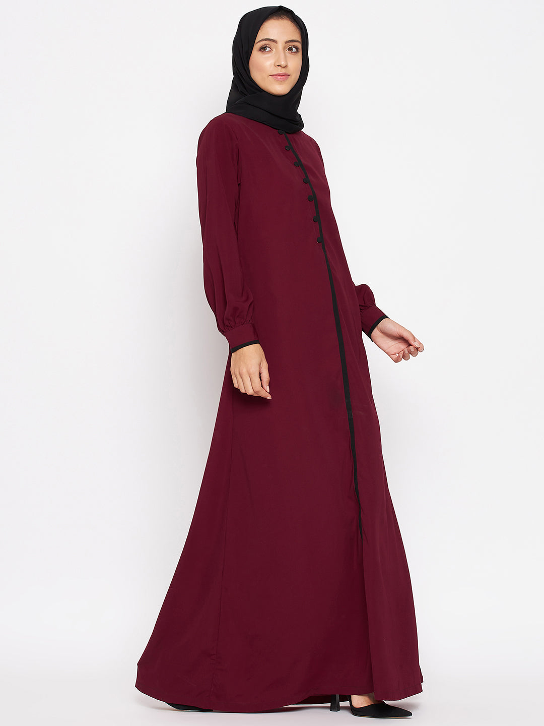 Nabia Women Maroon Piping Design Abaya/Burqa With Georgette Scarf